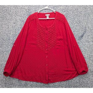 Catherines Swiss Dot Button Up Top Size 3X Boho Lace Cottagecore Rayon Plus Pink